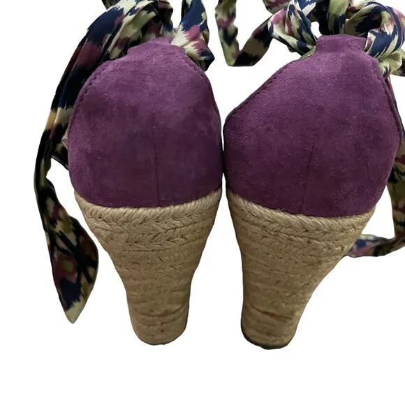 UGG Luciana Silk Purple Print Ankle Bow Wedge lace up Espadrilles Size 6