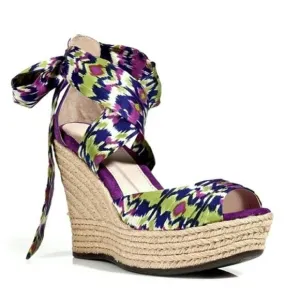 UGG Luciana Silk Purple Print Ankle Bow Wedge lace up Espadrilles Size 6