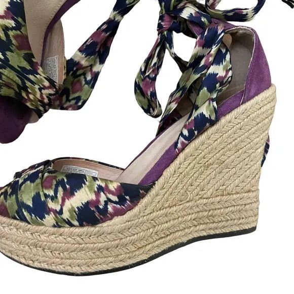 UGG Luciana Silk Purple Print Ankle Bow Wedge lace up Espadrilles Size 6