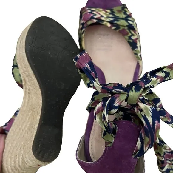 UGG Luciana Silk Purple Print Ankle Bow Wedge lace up Espadrilles Size 6
