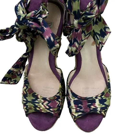 UGG Luciana Silk Purple Print Ankle Bow Wedge lace up Espadrilles Size 6