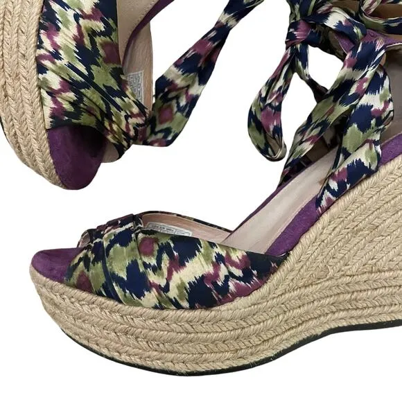 UGG Luciana Silk Purple Print Ankle Bow Wedge lace up Espadrilles Size 6