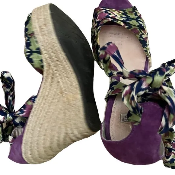 UGG Luciana Silk Purple Print Ankle Bow Wedge lace up Espadrilles Size 6