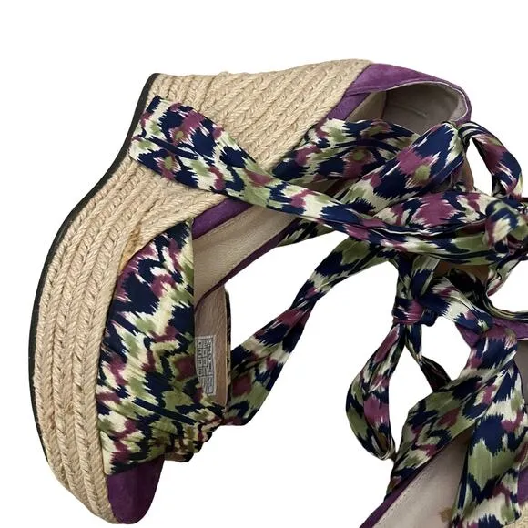 UGG Luciana Silk Purple Print Ankle Bow Wedge lace up Espadrilles Size 6