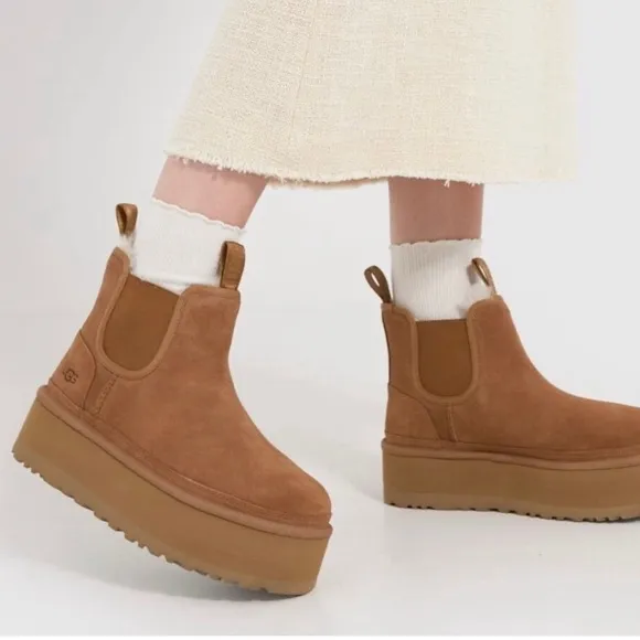 Ugg Neumel Platform Chelsea Boots Chestnut Suede Shearling Sheepskin Chukka NEW