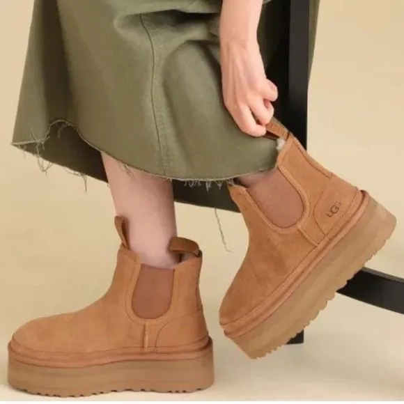 Ugg Neumel Platform Chelsea Boots Chestnut Suede Shearling Sheepskin Chukka NEW