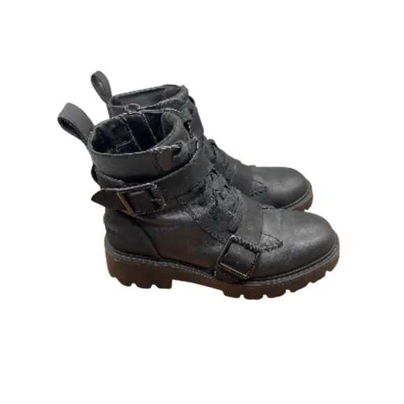 UGG Noe Boots Womens Black Leather Moto Biker Chunky Silver Combat Comfort 8