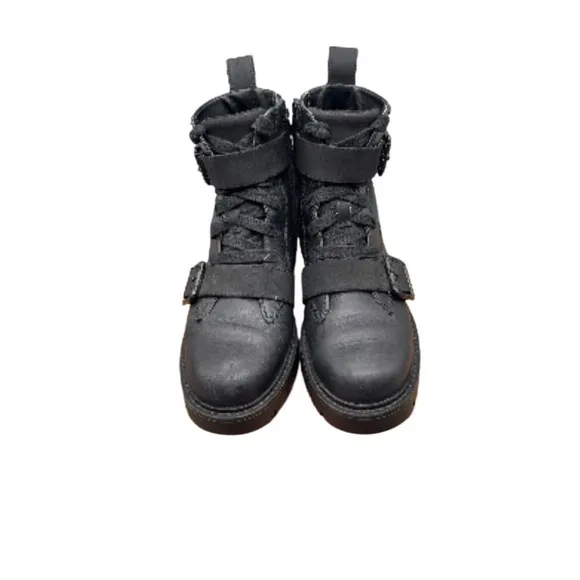 UGG Noe Boots Womens Black Leather Moto Biker Chunky Silver Combat Comfort 8