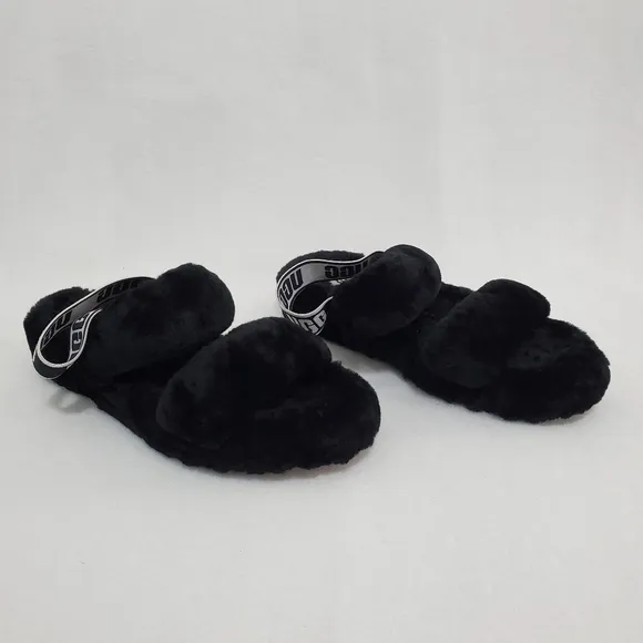 Ugg Oh Yeah Black/White Slingback Fur Slipper Sandals