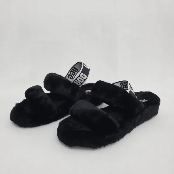 Ugg Oh Yeah Black/White Slingback Fur Slipper Sandals