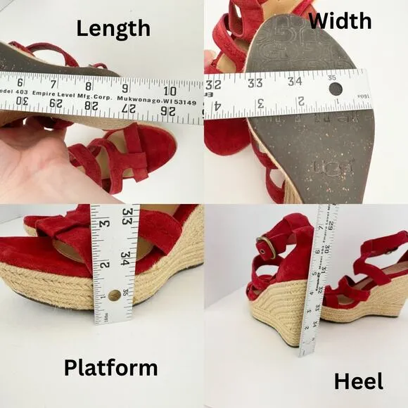 Ugg Red Lauri Suede Leather Espadrille Platform Wedge Sandals Sz 9.5