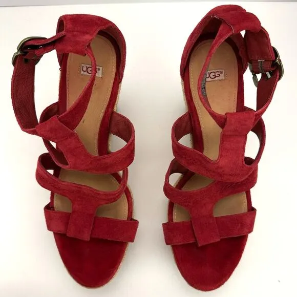 Ugg Red Lauri Suede Leather Espadrille Platform Wedge Sandals Sz 9.5