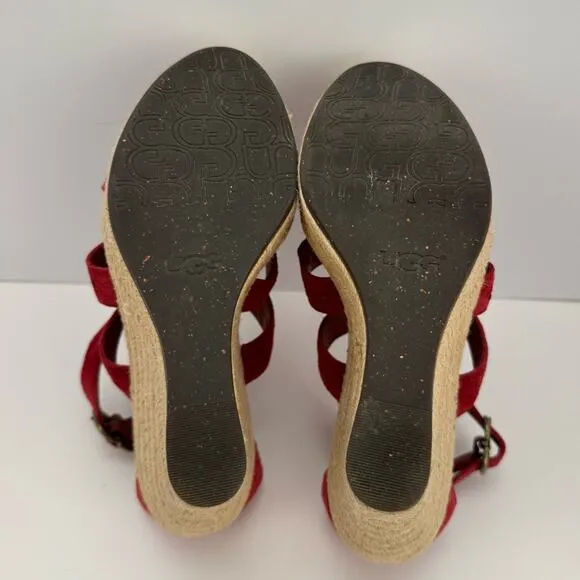 Ugg Red Lauri Suede Leather Espadrille Platform Wedge Sandals Sz 9.5