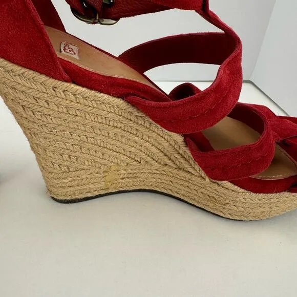 Ugg Red Lauri Suede Leather Espadrille Platform Wedge Sandals Sz 9.5