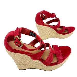 Ugg Red Lauri Suede Leather Espadrille Platform Wedge Sandals Sz 9.5