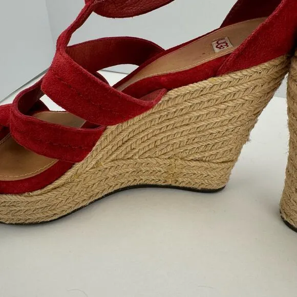 Ugg Red Lauri Suede Leather Espadrille Platform Wedge Sandals Sz 9.5