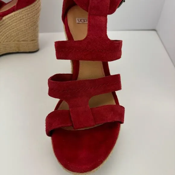 Ugg Red Lauri Suede Leather Espadrille Platform Wedge Sandals Sz 9.5