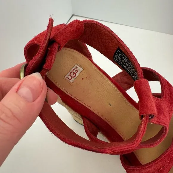 Ugg Red Lauri Suede Leather Espadrille Platform Wedge Sandals Sz 9.5