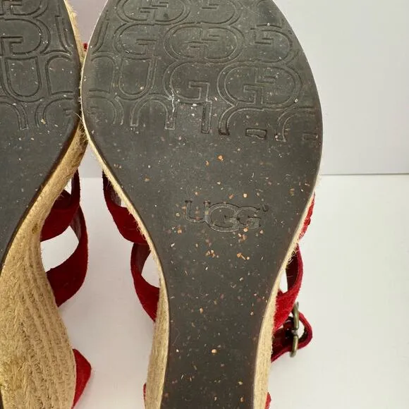 Ugg Red Lauri Suede Leather Espadrille Platform Wedge Sandals Sz 9.5