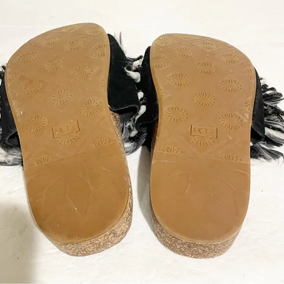 UGG Size 6 CINDI SUEDE YARN TRIM BLACK WHITE SANDALS SLIDE