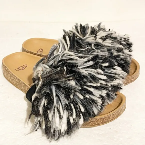 UGG Size 6 CINDI SUEDE YARN TRIM BLACK WHITE SANDALS SLIDE