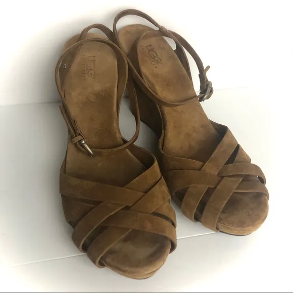 UGG Violet Suede Leather Wedge Sandals Chestnut Tan