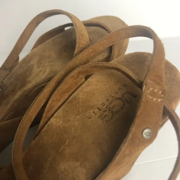 UGG Violet Suede Leather Wedge Sandals Chestnut Tan