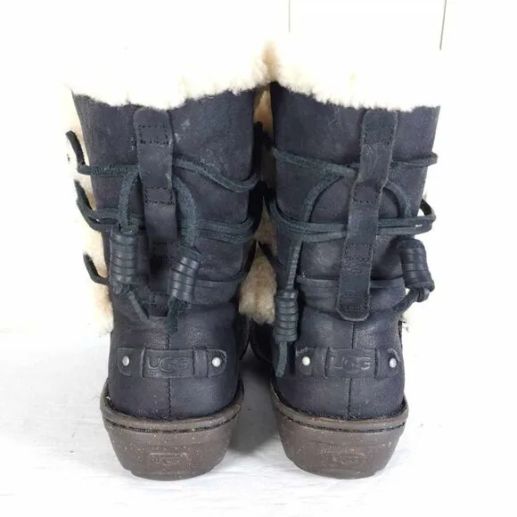 UGG Women's Akadia US 7 Black Leather Sheepskin Shearling Mid Calf Winter Boots