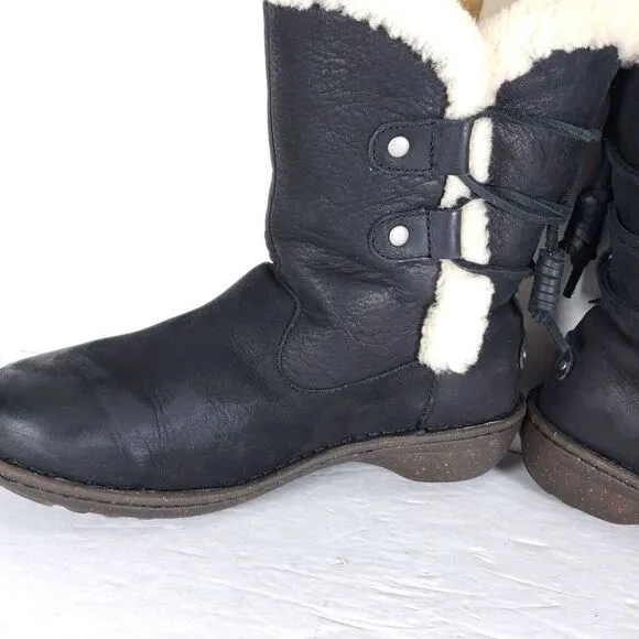 UGG Women's Akadia US 7 Black Leather Sheepskin Shearling Mid Calf Winter Boots