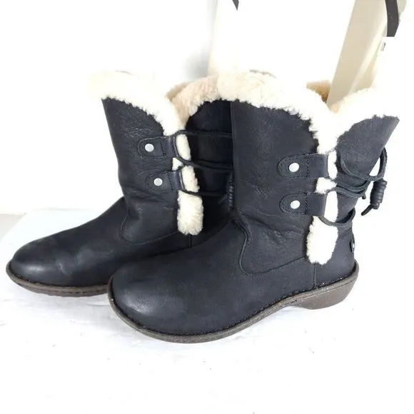 UGG Women's Akadia US 7 Black Leather Sheepskin Shearling Mid Calf Winter Boots