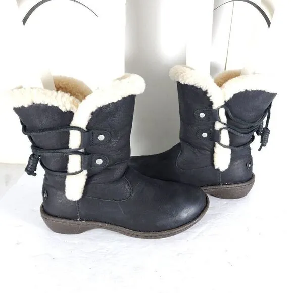 UGG Women's Akadia US 7 Black Leather Sheepskin Shearling Mid Calf Winter Boots