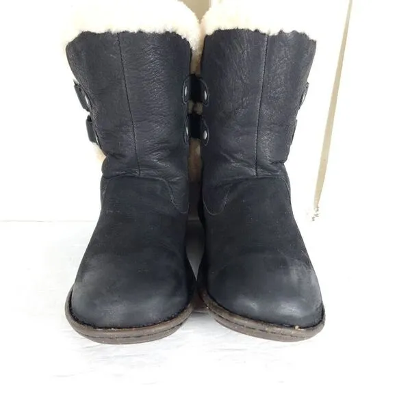 UGG Women's Akadia US 7 Black Leather Sheepskin Shearling Mid Calf Winter Boots