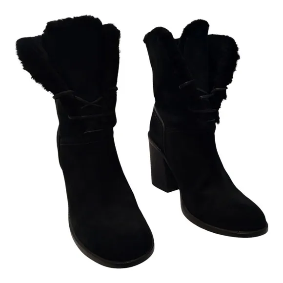 UGG Womens Jerene Mid-Calf Sheepskin Lined Suede High-Heeled Boot Size 6.5 Black