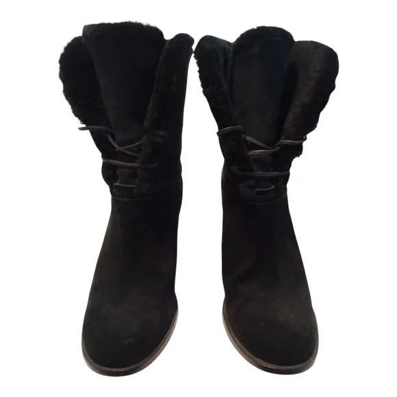 UGG Womens Jerene Mid-Calf Sheepskin Lined Suede High-Heeled Boot Size 6.5 Black
