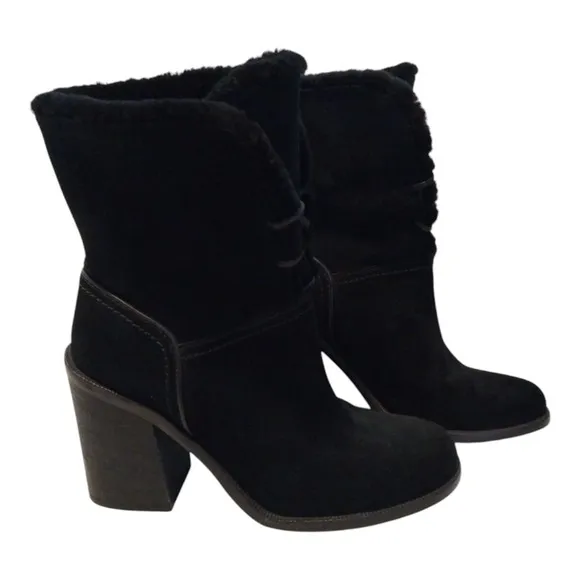UGG Womens Jerene Mid-Calf Sheepskin Lined Suede High-Heeled Boot Size 6.5 Black