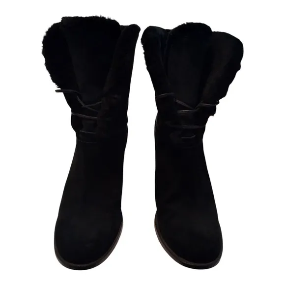 UGG Womens Jerene Mid-Calf Sheepskin Lined Suede High-Heeled Boot Size 6.5 Black