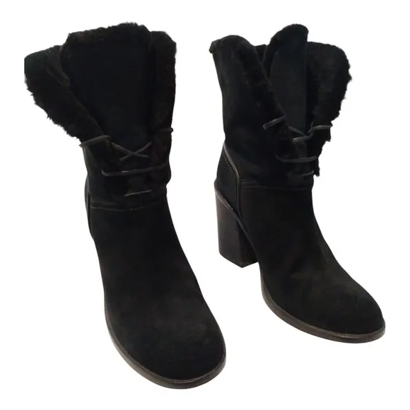 UGG Womens Jerene Mid-Calf Sheepskin Lined Suede High-Heeled Boot Size 6.5 Black