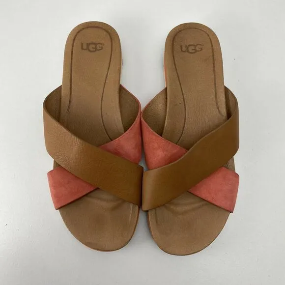 Ugg Women's Kari Leather Fusion/Coral Brown Cross Strap Slip-On Sandals Size 8