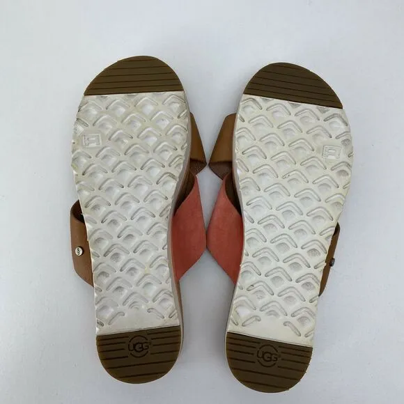 Ugg Women's Kari Leather Fusion/Coral Brown Cross Strap Slip-On Sandals Size 8