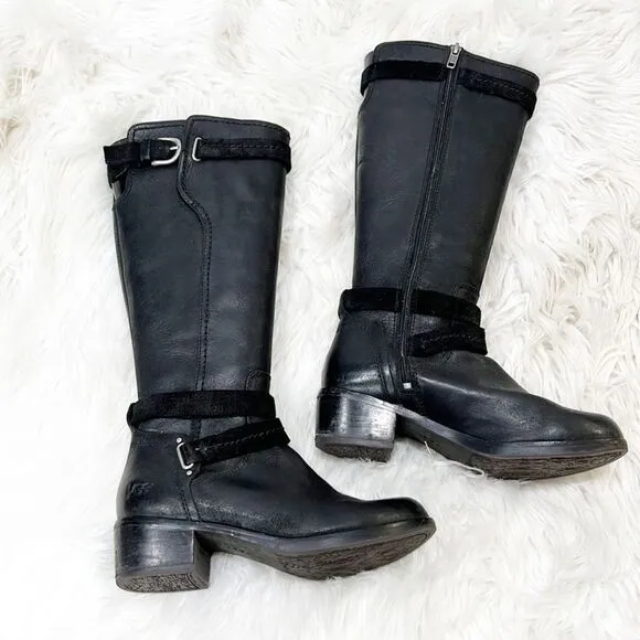 UGG Darcie black leather tall knee high boots women's sz 5