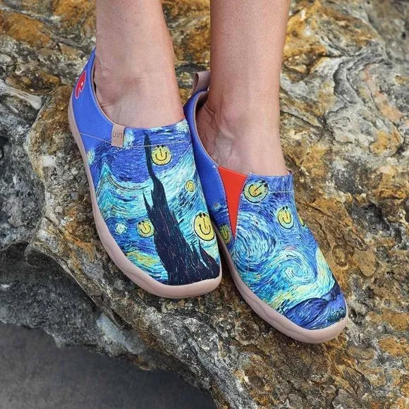 UIN Men's Slip Ons Lightweight Walking Casual Loafers Shoes (Smiley Night)