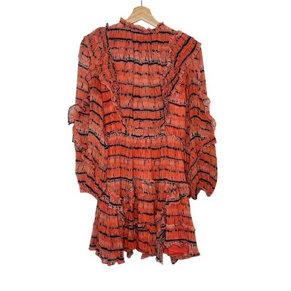 ULLA JOHNSON Aberdeen Silk Ruffle Mini Dress in Orange Chili Tie Dye Size 2