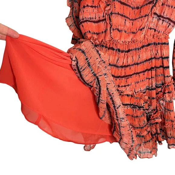 ULLA JOHNSON Aberdeen Silk Ruffle Mini Dress in Orange Chili Tie Dye Size 2