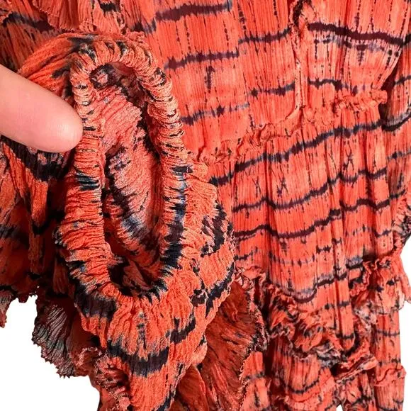 ULLA JOHNSON Aberdeen Silk Ruffle Mini Dress in Orange Chili Tie Dye Size 2