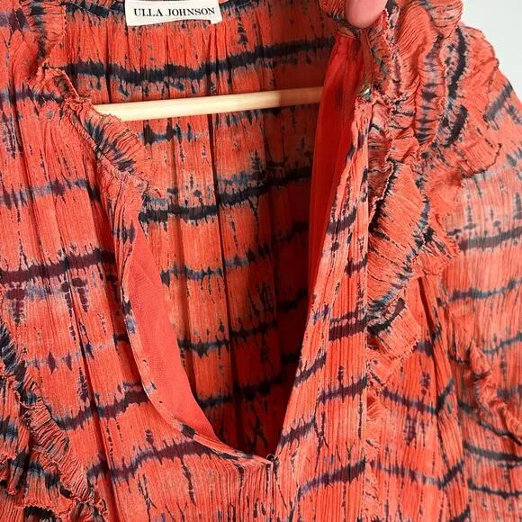 ULLA JOHNSON Aberdeen Silk Ruffle Mini Dress in Orange Chili Tie Dye Size 2