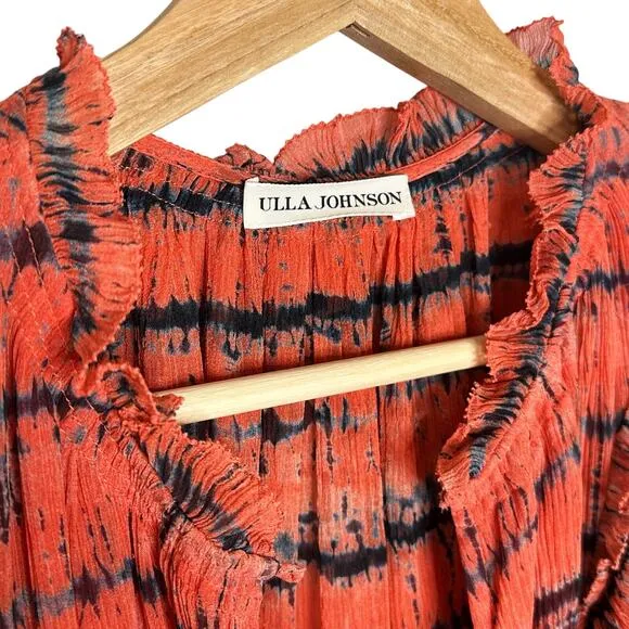 ULLA JOHNSON Aberdeen Silk Ruffle Mini Dress in Orange Chili Tie Dye Size 2