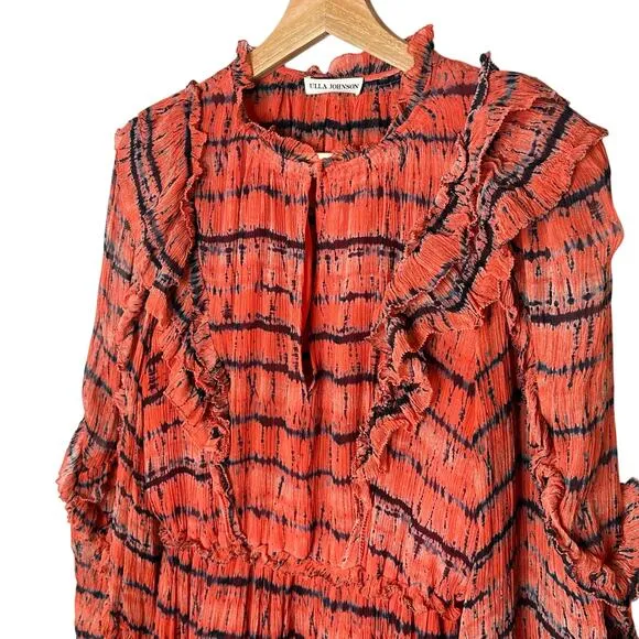ULLA JOHNSON Aberdeen Silk Ruffle Mini Dress in Orange Chili Tie Dye Size 2
