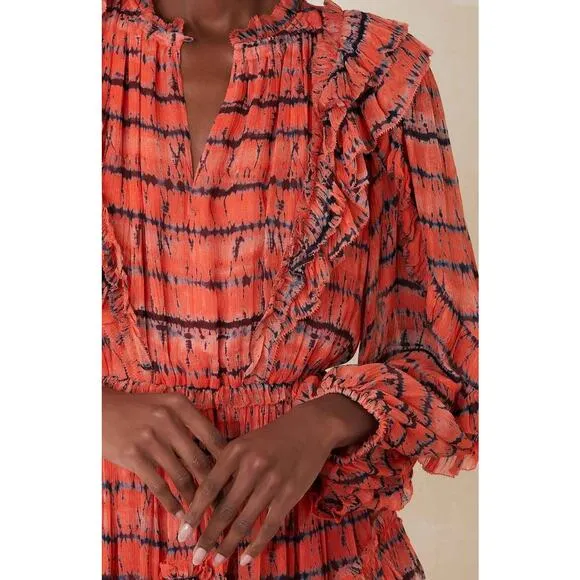 ULLA JOHNSON Aberdeen Silk Ruffle Mini Dress in Orange Chili Tie Dye Size 2