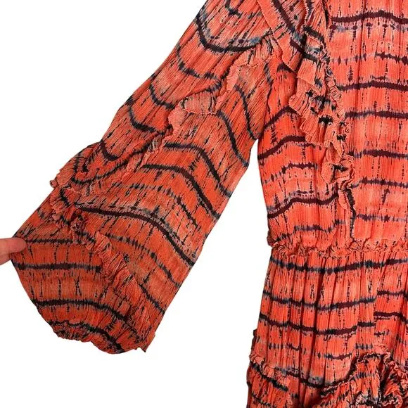 ULLA JOHNSON Aberdeen Silk Ruffle Mini Dress in Orange Chili Tie Dye Size 2