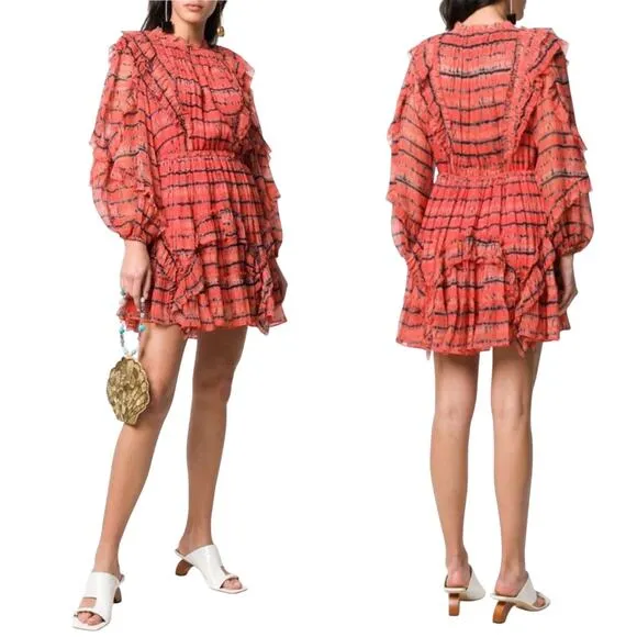 ULLA JOHNSON Aberdeen Silk Ruffle Mini Dress in Orange Chili Tie Dye Size 2